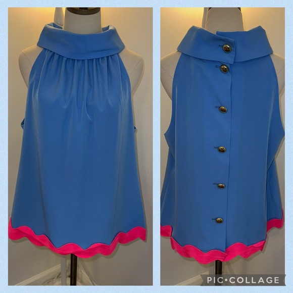 Sail to Sable Tops - Sail to Sable Women’s XL Marina Blue Pink Ric Rac Sleeveless Blouse Top